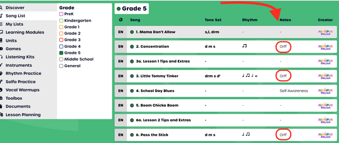 Song list page showing the Notes column with Orff arrangement indicators