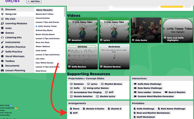Song detail page showing the Supporting Resources > Arrangements section with an Orff arrangement