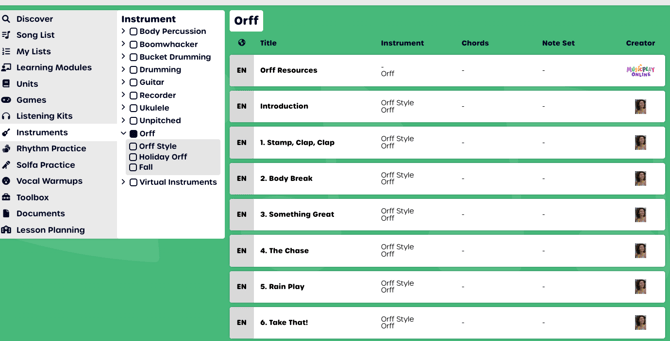 Screenshot of Bethany Ellen's Orff-style lesson collection on MusicplayOnline